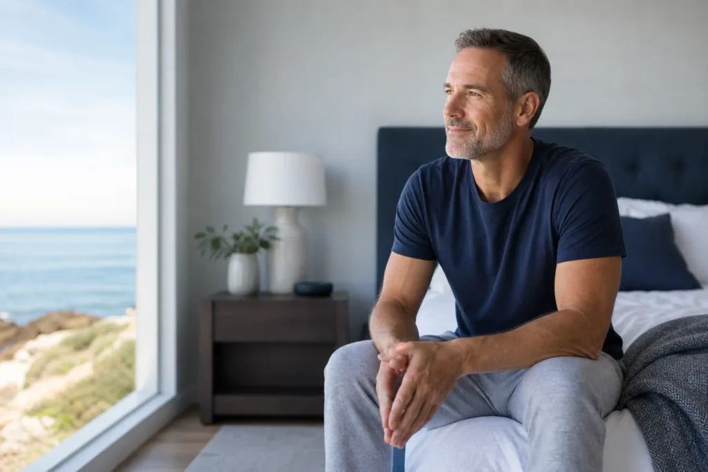 Healthy adult man beginning his morning after restful sleep